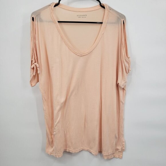 All Saints V-Neck Off-Shoulder Tee Lightweight Top Relaxed Fit Large Womens Pink - Picture 1 of 13